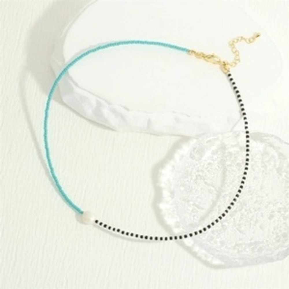 Turquoise Black White Seed Bead Choker‎ Necklace with Freshwater Pearl Gold Tone